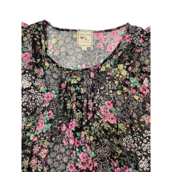 PINK ROSE Womens Sheer Boho Floral Top Large Black Multi Chiffon Slouch Pockets - Picture 4 of 16